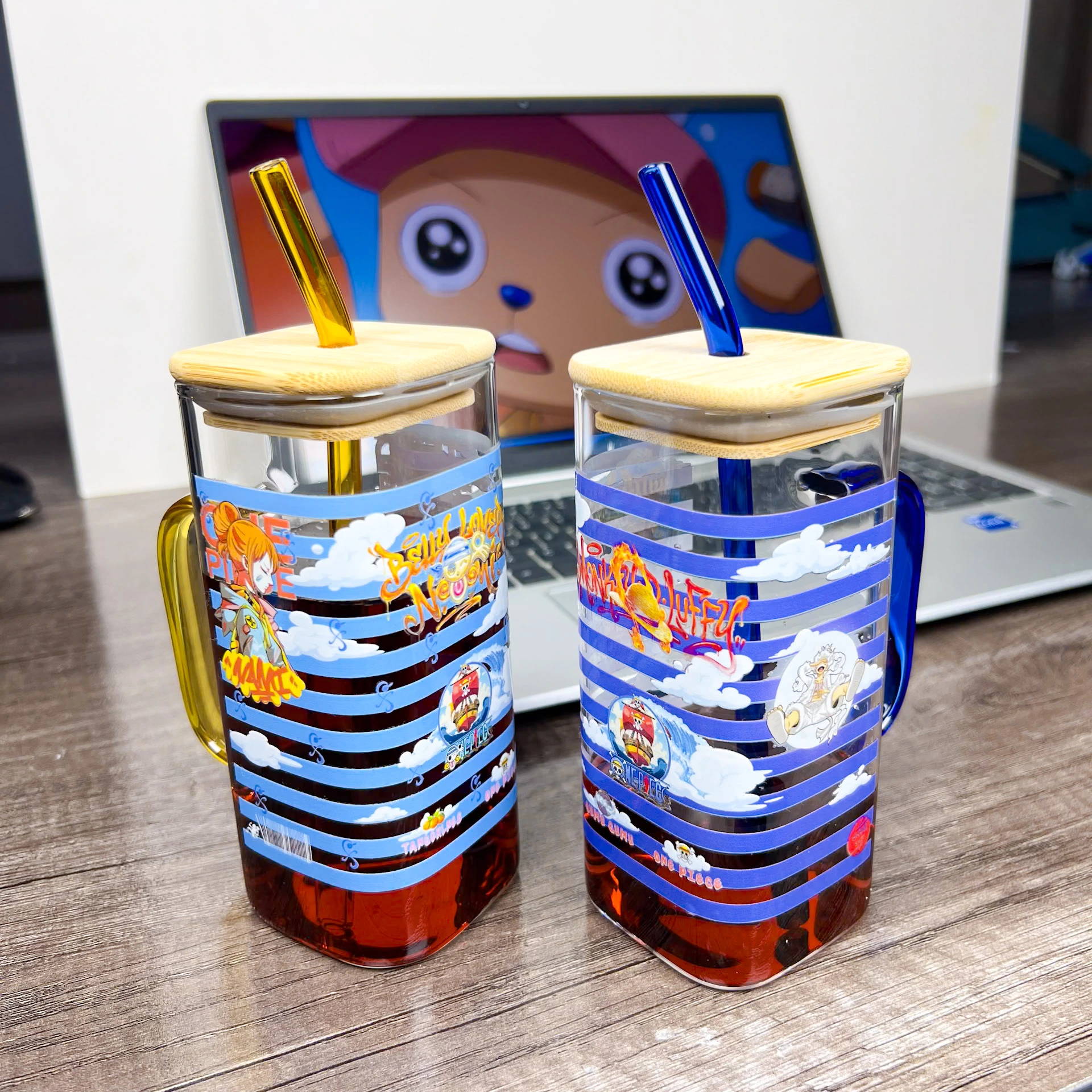 Anime Straw Glass Mug – Monkey D. Luffy & Nami Design | Premium UV DTF Print
